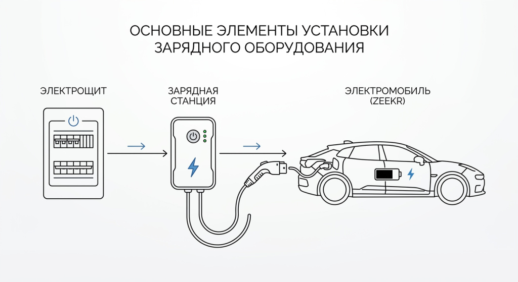 Основные элементы установки зарядного оборудования Система домашней зарядки Zeekr