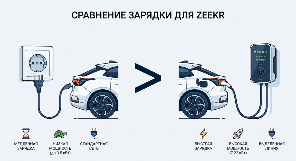 Сравнение розетки 220 В и AC-станции для Zeekr Варианты домашней зарядки